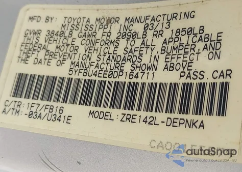 2013 Toyota Corolla Le из США, поврежденный, VIN 5YFBU4EE0DP164711